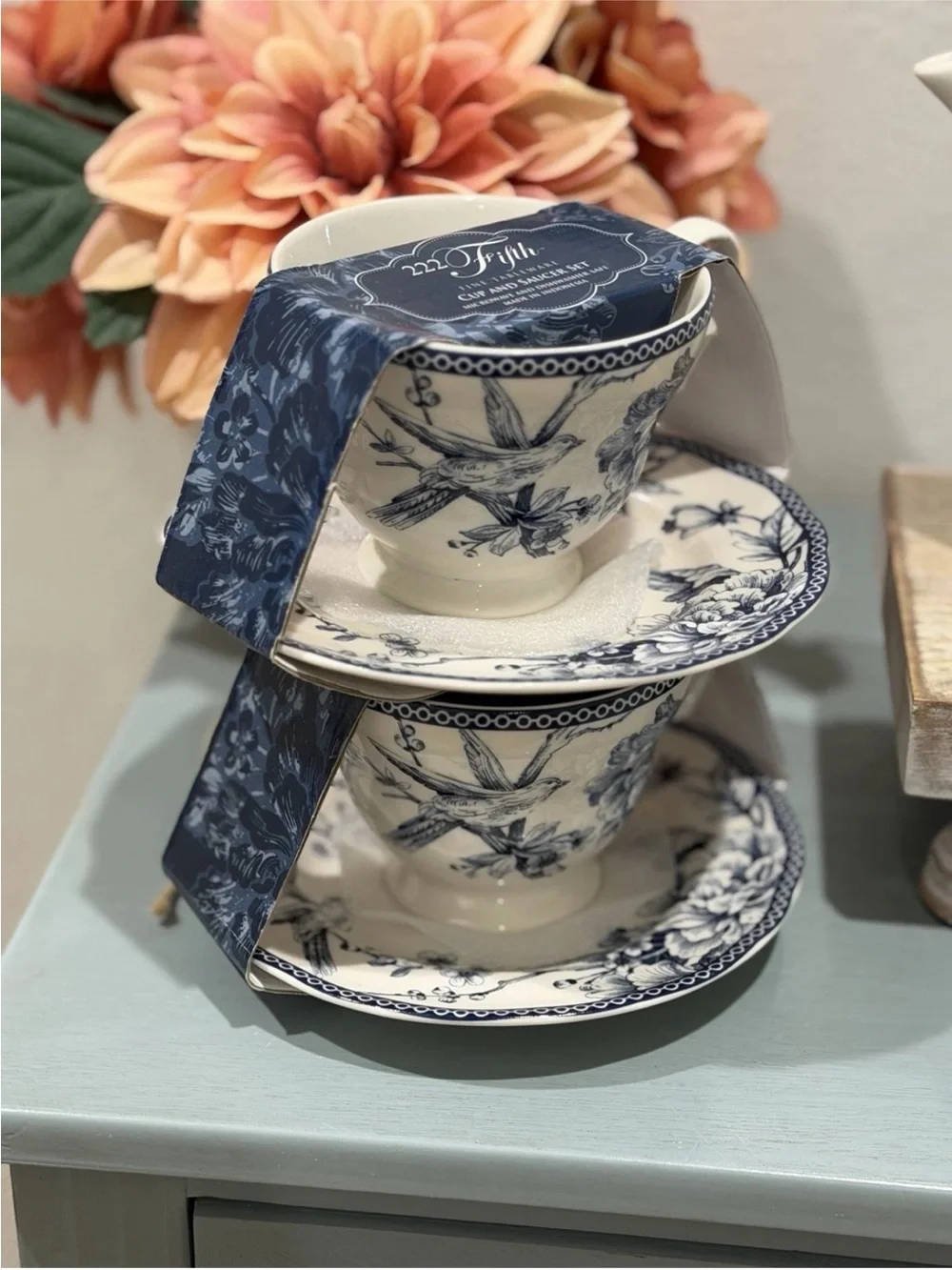 222 Fifth Adelaide Blue Porcelain Floral Birds Teacup & Saucer Set Of 2 New